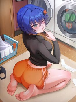 1girl absurdres ass bangboo_(zenless_zone_zero) barefoot belle_(zenless_zone_zero) black_panties black_shirt blue_hair blush breasts carpet commentary crossed_bangs dolphin_shorts english_commentary eous_(zenless_zone_zero) finger_to_mouth from_side full_body green_eyes hair_between_eyes hair_intakes hair_ornament highres indoors large_breasts laundry laundry_basket letter_hair_ornament looking_at_viewer looking_back one_eye_closed orange_shorts panties puppnett shirt short_hair shorts sitting socks tongue tongue_out underwear unworn_panties unworn_socks wariza washing_machine white_socks zenless_zone_zero