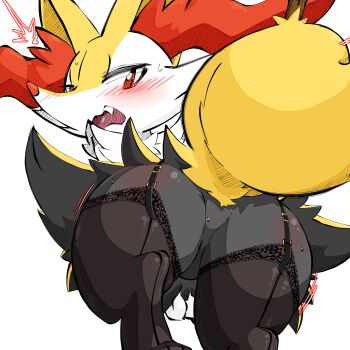 1girl ^^^ absurdres animal_ear_fluff animal_ears animal_feet animal_nose ass black_fur black_thighhighs blush body_fur braixen clothed_pokemon embarrassed fang female_focus fox_ears fox_girl fox_tail from_behind furry furry_female garter_straps gen_6_pokemon highres looking_back looking_down motion_lines multicolored_fur nintendo no_anus no_pussy open_mouth pokemon pokemon_(creature) red_eyes red_leopard simple_background snout solo stick sweat tail thick_thighs thighhighs thighs white_background white_fur yellow_fur
