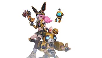 1girl 2others animal_ears bandaid bear belt cannon epic_games fake_animal_ears flat_chest floating full_body gloria_(terminull_brigade) goggles goggles_on_head gun hat helmet highres holding holding_weapon long_hair mechanical_arms multicolored_hair multiple_others navel pantyhose pink_eyes pink_hair robot shoes shorts smile sneakers straw terminull_brigade torn_clothes transparent_background two-tone_hair vest weapon white_hair x-shaped_eyewear