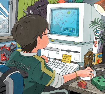 1boy absurdres backpack bag child computer computer_keyboard computer_mouse crt desk desk_lamp dinosaur_print game_boy game_boy_color glasses green_shirt handheld_game_console highres indoors lamp layered_sleeves long_sleeves monitor onoconokoko0625 original print_shirt semi-rimless_eyewear shirt short_over_long_sleeves short_sleeves sleeves_pushed_up solo sticky_note toy_dinosaur triceratops tyrannosaurus_rex unworn_backpack unworn_bag window