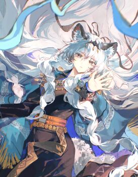 1girl absurdres animal_ear_fluff animal_ears arknights belt black_dress blue_shawl braid chinese_commentary commentary_request dress feet_out_of_frame grey_eyes hair_between_eyes hair_spread_out hand_up highres jewelry long_hair long_sleeves looking_at_viewer necklace pramanix_(arknights) pramanix_the_prerita_(arknights) reaching reaching_towards_viewer shawl snow_leopard_ears snow_leopard_girl solo tiara twin_braids very_long_hair white_hair xue_lang_po_jun_qianqi