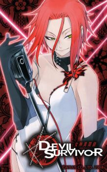 1girl absurdres bare_shoulders choker convenient_censoring copyright_name devil_survivor_(series) devil_survivor_1 downblouse dress elbow_gloves flat_chest gloves green_eyes harusawa_yoshino highres microphone microphone_stand official_art photoshop_(medium) red_hair scan solo strap_slip tattoo third-party_source yasuda_suzuhito