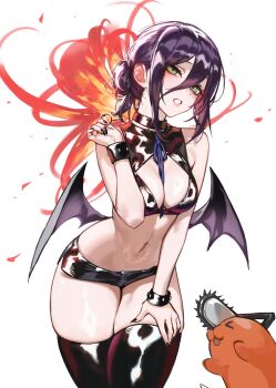 1girl 1other absurdres bare_shoulders black_choker black_nails black_shorts blue_ribbon breasts chainsaw chainsaw_man choker cleavage_cutout clothing_cutout cowboy_shot demon_wings explosion foolish_potato green_eyes hair_between_eyes hair_bun hand_on_own_thigh highres latex latex_bra latex_choker latex_shorts latex_thighhighs long_bangs medium_breasts nail_polish navel open_mouth panties pochita_(chainsaw_man) pulling purple_hair reze_(chainsaw_man) ribbon shiny_skin short_hair short_shorts shorts simple_background solo_focus standing stomach teeth thighhighs thighs tongue tongue_out underwear white_background wings wristband