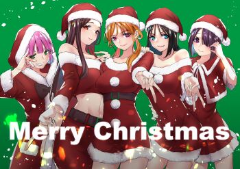 5girls bare_shoulders belt black_hair blonde_hair breasts brown_belt brown_hair christmas closed_mouth commentary_request cowboy_shot crop_top dress green_background green_eyes grin gyaru_v hair_over_one_eye hand_on_another&#039;s_shoulder hat highres hongou_miyuki kitahara_aoba kusunoki_aroma long_hair looking_at_viewer medium_breasts merry_christmas midriff multiple_girls navel off-shoulder_dress off_shoulder pink_eyes pink_hair purple_eyes red_dress red_hat red_skirt santa_costume santa_dress santa_hat sawaranaide_kotesashi-kun sayamagaoka_chiyo shinjou_takuya short_dress short_hair skirt smile sumiyoshi_izumi twintails v