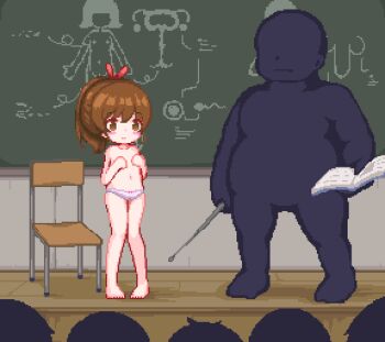 1girl 2boys age_difference animated animated_gif blush brown_eyes brown_hair censored chair chalkboard classroom cleft_of_venus completely_nude cum cum_in_pussy cum_on_body cum_overflow cum_pool cumdrip ejaculation embarrassed faceless faceless_male fat fat_man flat_chest full_body hair_ornament hinainf indoors loli male_masturbation masturbation moaning mosaic_censoring multiple_boys nipples nude on_chair original penis pixel_art ponytail pov public_indecency pussy ribbon school sex sex_ed shota sitting sloppy_seconds smile spread_pussy teacher teacher_and_student testicles vaginal