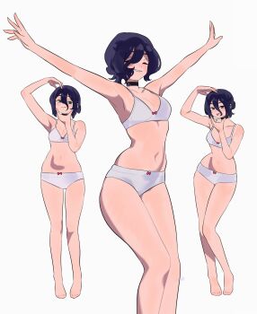 1girl barefoot black_choker bow bow_panties bra breasts chainsaw_man choker commentary_request dancing double-parted_bangs green_eyes grenade_pin hair_between_eyes highres iris_out_(song) looking_at_viewer medium_breasts multiple_views navel panties purple_hair reze_(chainsaw_man) reze_dance ryusei_hashida short_hair simple_background smile tongue tongue_out underwear underwear_only white_background white_bra white_panties