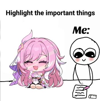 1boy 1girl artist_name artist_self-insert black_shorts chibi commentary corset elysia_(herrscher_of_human:_ego)_(honkai_impact) elysia_(honkai_impact) english_commentary english_text gloves holding holding_pencil honkai_(series) honkai_impact_3rd long_hair multicolored_hair paint_on_body paper pencil pink_hair shorts simple_background smile solo two-tone_hair veil very_long_hair white_background white_corset white_gloves white_hair white_veil xichilie