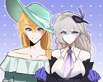 1boy 1girl ahoge blonde_hair blue_eyes clenched_hands closed_mouth collarbone couple crossdressing crossdressing_(mtf) detached_collar detached_sleeves dress eye_mask bad_tag frilled_dress frills glaring gloves gradient_background green_dress green_eyes green_hat grey_hair hair_between_eyes hat hetero highres honkai_(series) honkai_impact_3rd huabu308 huge_ahoge kallen_kaslana kallen_kaslana_(sixth_serenade) light_smile long_hair long_sleeves looking_at_viewer mask mask_on_head otto_apocalypse purple_background purple_gloves shade standing sweatdrop upper_body wavy_hair