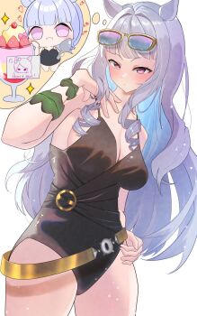 1girl animal_ears bare_shoulders black_one-piece_swimsuit blunt_bangs blush bracelet breasts casual_one-piece_swimsuit cleavage closed_mouth collarbone eyewear_on_head food glass gold_ship_(run_revolt_launcher)_(umamusume) gold_ship_(umamusume) grey_hair highres holding holding_spoon horse_ears horse_girl jewelry jzhcad93zlc0apd large_breasts long_hair looking_at_viewer mejiro_mcqueen_(umamusume) note official_alternate_costume one-piece_swimsuit parfait purple-tinted_eyewear purple_eyes simple_background solo speech_bubble spoon sticky_note strawberry_parfait sunglasses swimsuit thought_bubble tinted_eyewear umamusume yellow-framed_eyewear