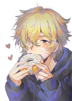 1boy alternate_costume animal_ears bandage_over_one_eye blonde_hair blue_hoodie blush blush_stickers dog_ears donut eating face_filter fang florian_brand food green_eyes hair_between_eyes heart highres holding holding_food hood hoodie identity_v lantfish male_focus no_headwear portrait solo striped_blush symbol-shaped_pupils