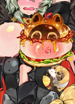 2girls absurdres animal animalization arms_up bacon black_gloves black_jacket blonde_hair blush breast_burger breast_focus breasts brown_eyes burger caesar_king_(zenless_zone_zero) cat dot_nose eyes_out_of_frame fast_food female_pov flustered food food_on_body food_on_breasts fur-trimmed_jacket fur_trim gloves grabbing_another&#039;s_breast green_hair groping hair_between_eyes hair_tie half_gloves head_out_of_frame high_side_ponytail highres holding holding_burger holding_food jacket lactation large_areolae large_breasts lettuce luciana_de_montefio memixz multiple_girls mustard nipples nose_blush open_mouth ponytail pov pov_hands short_hair sweat tomato tomato_slice whiskers yuri zenless_zone_zero