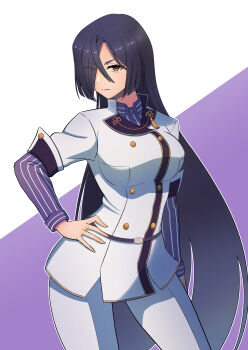 Rule 34 | 1girl, absurdres, black hair, breasts, closed mouth, collared shirt, commentary request, contrapposto, eyes visible through hair, hair over one eye, hand on own hip, highres, jacket, large breasts, long hair, long sleeves, looking at viewer, orange eyes, origami yukari, osafune katsuobushi kobo, pants, purple shirt, shirt, simple background, solo, standing, striped clothes, striped shirt, toji no miko, v-shaped eyebrows, very long hair, white jacket, white pants