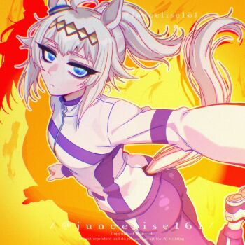 1girl absurdres ahoge animal_ears blue_eyes closed_mouth ear_ornament grey_hair grey_tail hair_between_eyes hair_ornament hairband highres horse_ears horse_girl horse_tail jacket junoelise161 kasamatsu_tracen_training_uniform long_hair long_sleeves looking_at_viewer looking_back multicolored_hair multicolored_jacket oguri_cap_(umamusume) pants purple_jacket purple_pants purple_track_suit solo tail track_jacket track_pants track_suit two-tone_jacket umamusume umamusume:_cinderella_gray