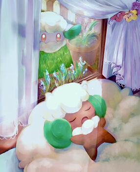 absurdly_long_hair animal_focus big_hair butter_(oshi8kyoumoh) closed_eyes comfey cottonee curtains flower full_body gen_5_pokemon gen_7_pokemon grass indoors light_rays long_hair looking_at_another looking_through_window lying nintendo no_humans on_back open_mouth orange_eyes pink_flower plant pokemon pokemon_(creature) potted_plant red_flower sleeping u_u very_long_hair whimsicott white_hair window yellow_flower