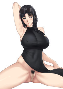 1girl arm_over_head armpits bandaid bandaid_on_pussy black_eyes black_hair blush breasts collarbone commentary covered_erect_nipples earrings female_pubic_hair highres jewelry large_breasts lips long_hair looking_at_viewer mature_female mole mole_under_mouth navel nipples nush_(xter) original pubic_hair red_lips sidelocks solo symbol-only_commentary xter