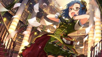 1girl black_gloves blue_hair breasts commentary_request falling_paper game_cg glasses gloves green_eyes green_hat hands_up hat idolmaster idolmaster_million_live! idolmaster_million_live!_theater_days indoors library mini_hat nanao_yuriko official_alternate_costume official_art open_mouth overskirt semi-rimless_eyewear short_hair short_sleeves solo standing third-party_source under-rim_eyewear