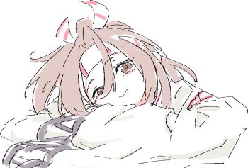 Rule 34 | 1girl, :t, blush, brown eyes, brown hair, commentary request, hachimaki, hair between eyes, head rest, headband, jaggy lines, jally (jallyholly), kantai collection, long hair, long sleeves, looking at viewer, simple background, solo, striped headband, white background, zuihou (kancolle)