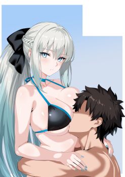 1boy 1girl absurdres bare_shoulders between_breasts bikini black_bikini black_hair blue_eyes blush bow braid breast_sucking breast_sucking_through_clothes breasts choker cleavage face_between_breasts fate/grand_order fate_(series) grey_hair hair_bow head_between_breasts highres hug long_hair looking_at_viewer morgan_le_fay_(fate) oji_(drawingchinchin) ponytail short_hair sidelocks swimsuit very_long_hair
