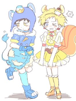 2boys animal_ears black_hair blue_eyes blue_gloves blue_hat bow cherry cherry_earrings choker closed_mouth cosplay craig_tucker crossdressing crown cure_custard cure_custard_(cosplay) cure_gelato cure_gelato_(cosplay) earrings elbow_gloves food food-themed_earrings food-themed_hair_ornament food_themed_earrings frills fruit fur_trim gloves gold_crown hair_ornament hat headband highres jewelry kemonomimi_mode kirakira_precure_a_la_mode layered_skirt lion_ears lion_tail magical_boy male_focus mintora multiple_boys nervous_sweating one_eye_closed paw_shoes pointed_crown precure pudding_hair_ornament puffy_sleeves short_hair skirt south_park squirrel_boy squirrel_ears squirrel_tail sweat tail tweek_tweak white_gloves yellow_eyes
