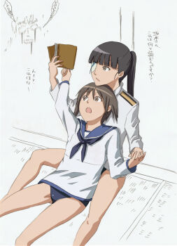 00s 2girls book eyepatch highres long_hair miyafuji_yoshika multiple_girls murasaki open_mouth ponytail sakamoto_mio sitting strike_witches sv world_witches_series