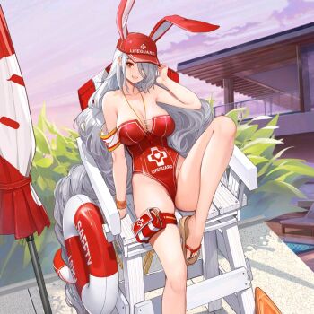 Rule 34 | 1girl, absurdly long hair, animal ears, azur lane, bare shoulders, baseball cap, beach umbrella, breasts, chair, character name, cleavage, closed umbrella, collarbone, dishwasher1910, donut innertube, fake animal ears, feet, flip-flops, foot out of frame, full body, grey hair, hair over one eye, hat, highleg, highleg one-piece swimsuit, innertube, large breasts, leg up, legs, lifebuoy, lifeguard, lifeguard chair, long hair, looking at viewer, manjuu (azur lane), mole, mole on body, mole under eye, multiple expressions, nail polish, official alternate costume, official art, one-piece swimsuit, one eye covered, playboy bunny swimsuit, pool, pouch, prinz heinrich (azur lane), prinz heinrich (rabbit on watch) (azur lane), promotional art, rabbit ears, red eyes, red hat, red one-piece swimsuit, sandals, solo, strapless, strapless one-piece swimsuit, sunglasses, swim ring, swimsuit, thigh pouch, toenail polish, toenails, toes, umbrella, very long hair, water, whistle, whistle around neck, white hair