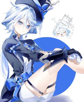 1girl absurdres black_gloves blue_hat blue_jacket furina_(genshin_impact) genshin_impact gloves hat highres jacket legs looking_at_viewer shirt shorts solo thighs white_background white_gloves white_shirt white_shorts yukiusagi_(snowrabbit0508)