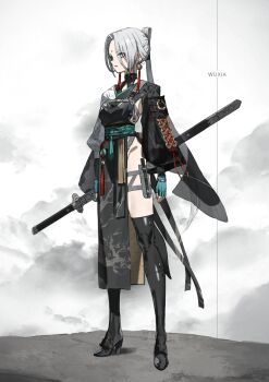 1girl aqua_gloves black_boots black_kimono boots circle_facial_mark commentary earrings facial_mark falslander fingerless_gloves full_body gloves grey_eyes grey_hair high_heels highres holding holding_sword holding_weapon japanese_clothes jewelry kimono knife_sheath legs long_hair long_sleeves multicolored_kimono neco parted_lips sheath solo standing sword thigh_boots thighs tree_print two-tone_kimono weapon white_kimono wide_sleeves wuxia_(neco)