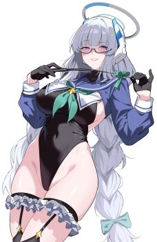 1girl absurdres aqua_neckerchief black_gloves black_leotard blue_archive blue_sailor_collar blue_shrug braid breasts cosplay gloves half_gloves halo hands_up headgear highleg highleg_leotard highres holding holding_riding_crop large_breasts leotard long_hair long_sleeves looking_at_viewer low_twin_braids mechanical_halo neckerchief noa_(blue_archive) purple_eyes reia_76 riding_crop sailor_collar shimiko_(blue_archive) shimiko_(blue_archive)_(cosplay) shimiko_(magical)_(blue_archive) shrug_(clothing) simple_background smile solo super_highleg thick_thighs thighs twin_braids very_long_hair white_background white_hair white_halo