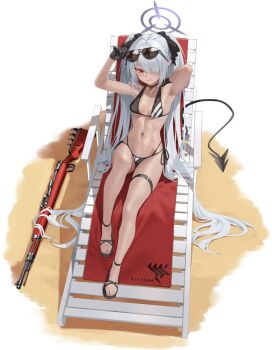 1girl absurdly_long_hair adjusting_eyewear armpits arms_up beach_towel bikini black_bikini black_choker black_gloves black_ribbon black_sandals blue_archive blue_halo blush bolt_action breasts chair choker closed_mouth collarbone dark-skinned_female dark_skin demon_girl demon_tail eyewear_on_head feet female_focus full_body game_asset gloves grey_hair hair_intakes hair_over_one_eye hair_ribbon halo happy iori_(blue_archive) knee_up large_variant_set legs long_hair looking_at_viewer lounge_chair mauser_98 multi-strapped_bikini_bottom mx2j navel official_art on_chair one_eye_covered pointy_ears red_eyes ribbon rifle sandals side-tie_bikini_bottom sidelocks sitting skindentation small_breasts smile solo stomach string_bikini striped_bikini striped_clothes sunglasses swimsuit tachi-e tail thigh_strap thighs third-party_source toes toned toned_female towel transparent_background twintails v-shaped_eyebrows variant_set very_long_hair weapon