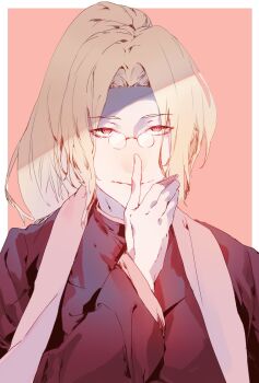 Rule 34 | 1boy, blonde hair, commentary request, finger to mouth, glasses, hair between eyes, highres, light smile, long hair, looking at viewer, male focus, michael roa valdamjong, michael roa valdamjong (human), ponytail, priest, profile, red eyes, robe, shushing, stole, tsukihime, tutu77y