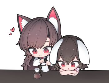 2girls animal_ears black_hair brown_hair closed_mouth coffee_pot crossed_arms floppy_ears heart hh highres holding imaizumi_kagerou inaba_tewi long_hair looking_down multiple_girls open_mouth pouring rabbit_ears red_eyes short_hair simple_background smile touhou upper_body white_background wolf_ears