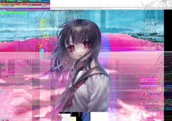1girl black_hair black_sailor_collar blunt_bangs crying crying_with_eyes_open distortion glitch glitch_art hanjuku_otome highres long_sleeves looking_at_viewer medium_hair neckerchief original parted_lips pixelated red_eyes red_neckerchief sailor_collar school_uniform serafuku solo teardrop tears teeth upper_teeth_only white_serafuku winter_uniform