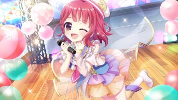 1girl ;d balloon beret blue_corset blue_sky blush boots braid brown_eyes corset day detached_sleeves dot_nose dress dutch_angle film_grain frilled_dress frills game_cg hair_ornament hat high_heel_boots high_heels holding holding_microphone horizon idol idol_clothes izumi_tsubasu layered_skirt lens_flare looking_at_viewer microphone non-web_source ocean official_art one_eye_closed open_mouth outdoors purple_skirt railing re:stage! red_hair screen see-through_clothes see-through_sleeves short_hair single_braid single_detached_sleeve skirt sky smile solo sorano_neon sparkle stage stage_lights standing standing_on_one_leg string_of_flags sunlight white_boots white_dress white_hat white_sleeves wooden_floor yellow_skirt