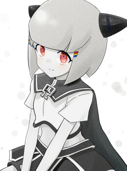 1girl blunt_bangs blush cape closed_mouth commentary cowboy_shot greyscale highres horns looking_up mechanical_horns medium_hair monochrome omega-chan_(omega_sisters) omega_sisters omega_symbol red_eyes reitowikan shirt short_sleeves sitting smile solo spot_color virtual_youtuber white_background