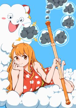 1girl 2023 absurdres bare_arms bare_legs bare_shoulders barefoot blue_background breasts brown_eyes bubble clima-tact closed_mouth cloud commentary_request elbow_rest electricity floral_print floral_print_kimono foot_up full_body hat head_rest highres holding holding_staff japanese_clothes kimono large_breasts lightning_bolt_symbol long_hair lying mini_hat nami_(one_piece) nami_(one_piece)_(onigashima) obi official_alternate_costume on_stomach one_piece orange_hair print_kimono red_kimono sash shoulder_tattoo single_sidelock sleeveless sleeveless_kimono smile staff tattoo wavy_hair wolkat yellow_sash zeus_(one_piece)