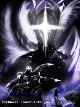 1boy 1girl 2others absurdres angel_wings black_eyes black_sclera colored_sclera darian_quilloy dark_particles deltarune eldritch_abomination extra_eyes feathered_wings fingernails giant goat_boy hand_eye head_wings highres horns kris_(dark_world)_(deltarune) kris_(deltarune) living_shadow long_fingernails multiple_others multiple_wings one-eyed ralsei reaching reptile_girl sharp_fingernails susie_(dark_world)_(deltarune) susie_(deltarune) titan_(deltarune) utdr_(toby_fox) wings