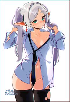 1girl artist_name black_thighhighs blush breasts closed_mouth collared_shirt commentary convenient_censoring cowboy_shot dress_shirt earrings elf english_commentary frieren green_eyes grey_hair groin hair_intakes hands_up highres jewelry long_hair long_pointy_ears long_sleeves looking_at_viewer medium_breasts no_bra office_lady parted_bangs pointy_ears shirt simple_background smile snegovski solo sousou_no_frieren thick_eyebrows thighhighs thighs torn_clothes torn_thighhighs twintails white_background white_shirt