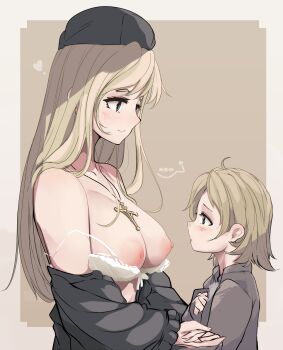 1boy 1girl age_difference blonde_hair blue_eyes bra bra_pull breasts brown_background clothes_pull cross cross_earrings earrings eye_contact folait height_difference highres jewelry looking_at_another nipples nun onee-shota original short_hair shota siblings underwear white_bra