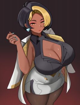 Rule 34 | 1girl, black hair, blonde hair, blonde streaks, blue nails, breasts, cleavage, cleavage cutout, clothing cutout, coat, coat on shoulders, commentary, dark-skinned female, dark skin, domina (overwatch), earrings, eyeshadow, heart, heart earrings, highres, jewelry, large breasts, looking at viewer, makeup, multicolored hair, overwatch, pantyhose, schynee26, short hair, skirt, solo, streaked hair, two-tone hair, white coat, white skirt