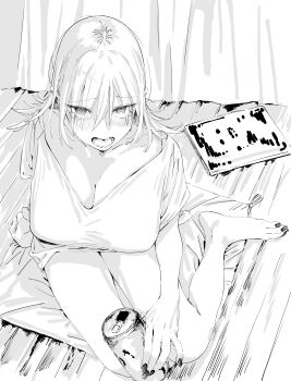 1girl absurdres bad_id bad_twitter_id bare_legs barefoot blush breasts can cleavage drink_can from_above furrowed_brow greyscale highres holding holding_can kiyakiya_(fufutayo) large_breasts long_hair looking_at_viewer monochrome nail_polish open_mouth original shirt short_sleeves sitting solo t-shirt tearing_up toenail_polish toenails tsurime