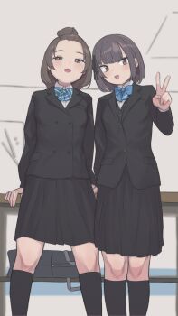2girls black_hair black_jacket black_skirt black_socks blazer blue_bow blue_bowtie bow bowtie brown_eyes brown_hair jacket kneehighs looking_at_viewer miyako_(naotsugu) multiple_girls open_mouth original school_uniform shirt short_hair skirt socks v white_shirt