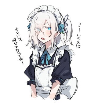 1girl ahoge apron azuma_shino blue_eyes blue_ribbon blush bow frilled_sleeves frills furrowed_brow hair_ribbon maid maid_headdress nowareno_(azuma_shino) pointy_ears ponytail puffy_sleeves ribbon sketch sweatdrop text_background white_apron white_hair