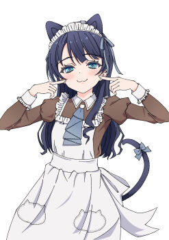 1girl :3 absurdres apron ascot blue_ascot blue_eyes blue_hair blue_ribbon brown_dress closed_mouth collared_dress commentary contrast_collar dress fingers_to_cheeks frilled_apron frills hair_ribbon half-closed_eyes highres juliet_sleeves kara_iroha link!_like!_love_live! long_sleeves looking_at_viewer love_live! maid maid_apron maid_headdress murano_sayaka nyan_nyan_nyan_fair_in_gamers official_alternate_costume puffy_sleeves ribbon simple_background solo virtual_youtuber white_apron white_background