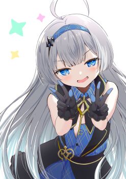 1girl :d absurdres ahoge black_gloves blue_dress blue_eyes blue_hairband commentary cowboy_shot detached_collar double-parted_bangs double_w dress female_tyrant_(stella_sora) frilled_gloves frills gloves grey_hair hairband hayaoki_(asagi-iro_seishun-bu) highres looking_at_viewer open_mouth sidelocks sleeveless sleeveless_dress smile solo stella_sora tyrant_(stella_sora) w