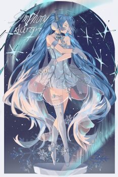 1girl absurdly_long_hair absurdres aqua_hair asymmetrical_legwear ballerina ballet_slippers bare_shoulders closed_eyes closed_mouth collarbone dress gloves gramophone_miku gramophone_miku_(frostflower) hair_ornament hatsune_miku highres long_hair miku_symphony_(vocaloid) single_thighhigh solo strapless strapless_dress thighhighs twintails very_long_hair vocaloid white_dress white_gloves white_thighhighs zhenxiao