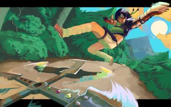 1girl armor black_border black_eyes blue_sky blush boots border breasts brown_boots brown_gloves brown_hair brown_shorts brown_socks chest_harness commentary commission crop_top cropped_sweater english_commentary final_fantasy final_fantasy_vii final_fantasy_vii_remake fingerless_gloves floating_hair foliage forehead_protector forest gloves green_headband green_sweater grin harness headband highres huge_weapon incoming_attack jumboiiii jumping letterboxed looking_at_viewer loose_socks materia medium_breasts midriff motion_blur motion_lines mountain mountainous_horizon nature nose_blush outside_border paid_reward_available path pauldrons pine_tree pouch ribbed_sweater road salute second-party_source short_hair shorts shoulder_armor shuriken single_bare_shoulder single_pauldron sky sleeveless sleeveless_turtleneck smile socks solo spinning sun sweater thigh_pouch thigh_strap throwing tree turtleneck two-finger_salute v-shaped_eyebrows weapon yuffie_kisaragi