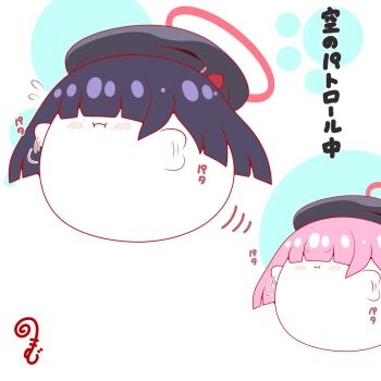 :i afterimage beret black_hair black_hat blue_archive blush chibi closed_mouth faceless faceless_female flying_sweatdrops hair_over_eyes halo hat highres justice_task_force_member_(blue_archive) kurukurumagical long_hair pink_hair translation_request v-shaped_eyebrows very_long_hair white_background