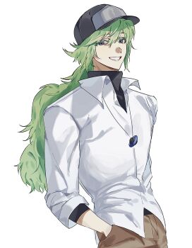 1boy baseball_cap butayar5 cowboy_shot green_hair hands_in_pockets hat highres long_hair looking_at_viewer male_focus n_(pokemon) nintendo pokemon pokemon_bw shirt simple_background solo undershirt white_background white_shirt