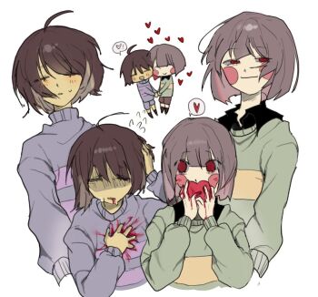 2others ahoge animification black_boots black_shirt blood blood_from_mouth blood_on_clothes blood_on_face blood_on_hands boots brown_hair brown_shorts chara_(undertale) closed_eyes closed_mouth collared_shirt colored_inner_hair colored_skin covering_own_mouth empty_eyes frisk_(undertale) green_sweater hair_between_eyes half-closed_eyes hand_on_own_chest hand_on_own_head hand_up hands_up heart holding holding_hands holding_heart long_sleeves looking_at_another multicolored_hair multiple_others multiple_views other_focus puffy_long_sleeves puffy_sleeves purple_shorts purple_sweater red_eyes red_hair shaded_face shirt short_hair shorts simple_background single_stripe smile speech_bubble spoken_heart striped_clothes striped_sweater sweatdrop sweater teeth turtleneck turtleneck_sweater undertale upper_body utdr_(toby_fox) white_background yellow_skin yx_won2