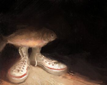 aiamu_iamu animal animal_focus black_background brush_stroke clothed_animal commentary converse cross-laced_shoes english_commentary faux_traditional_media fih_(meme) fish from_side full_body highres if_the_shoe_fish_(meme) meme no_humans original painterly red_trim shoes solo white_shoes